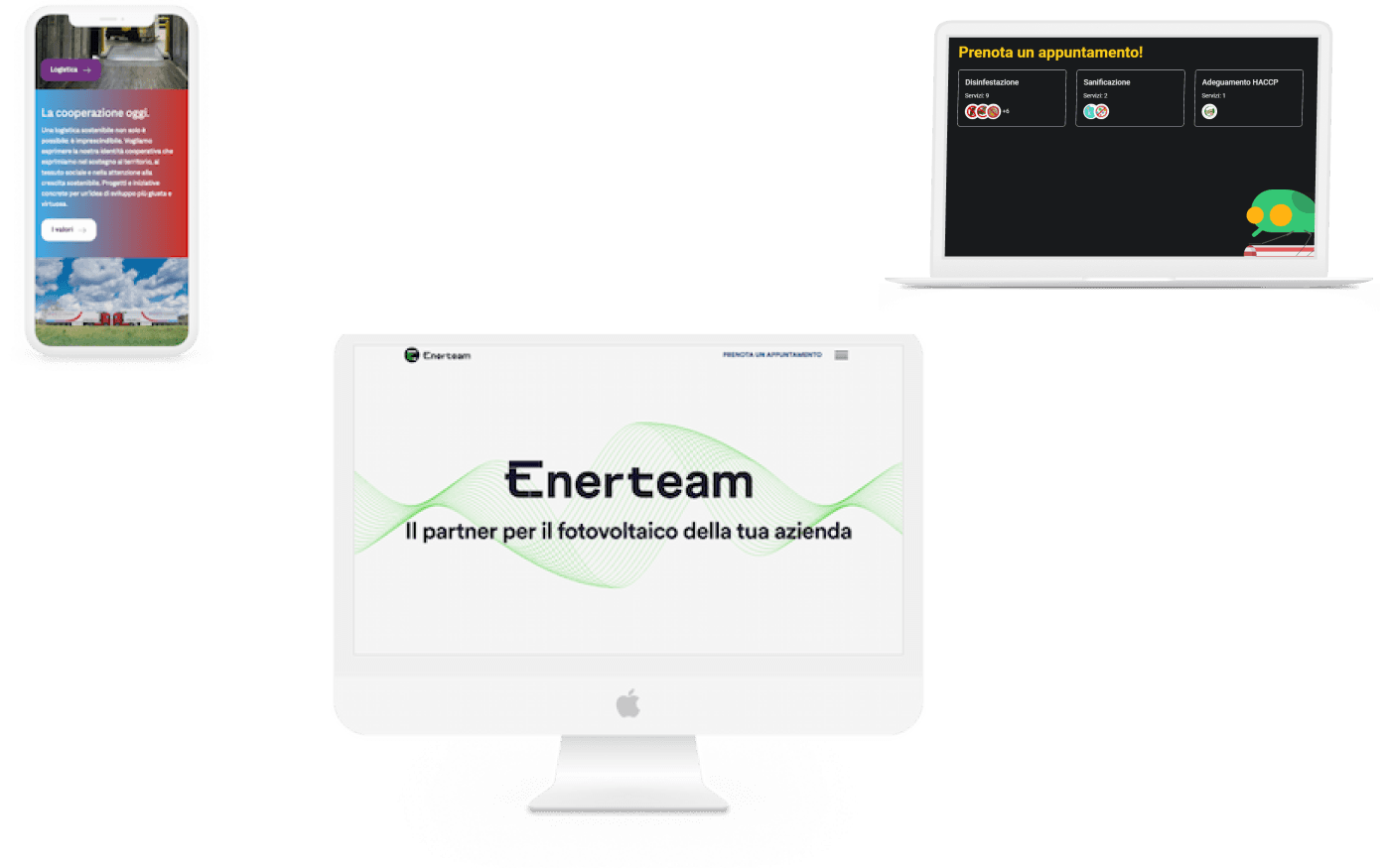 Immagine con 3 device: desktop, tablet e smartphone. Ciascuno con sfondi di siti web creati da Poldro di Valmori Paolo